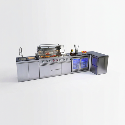Stainless Steel Outdoor Kitchen Grill with 6 Burners and Wine Cooler - Silver