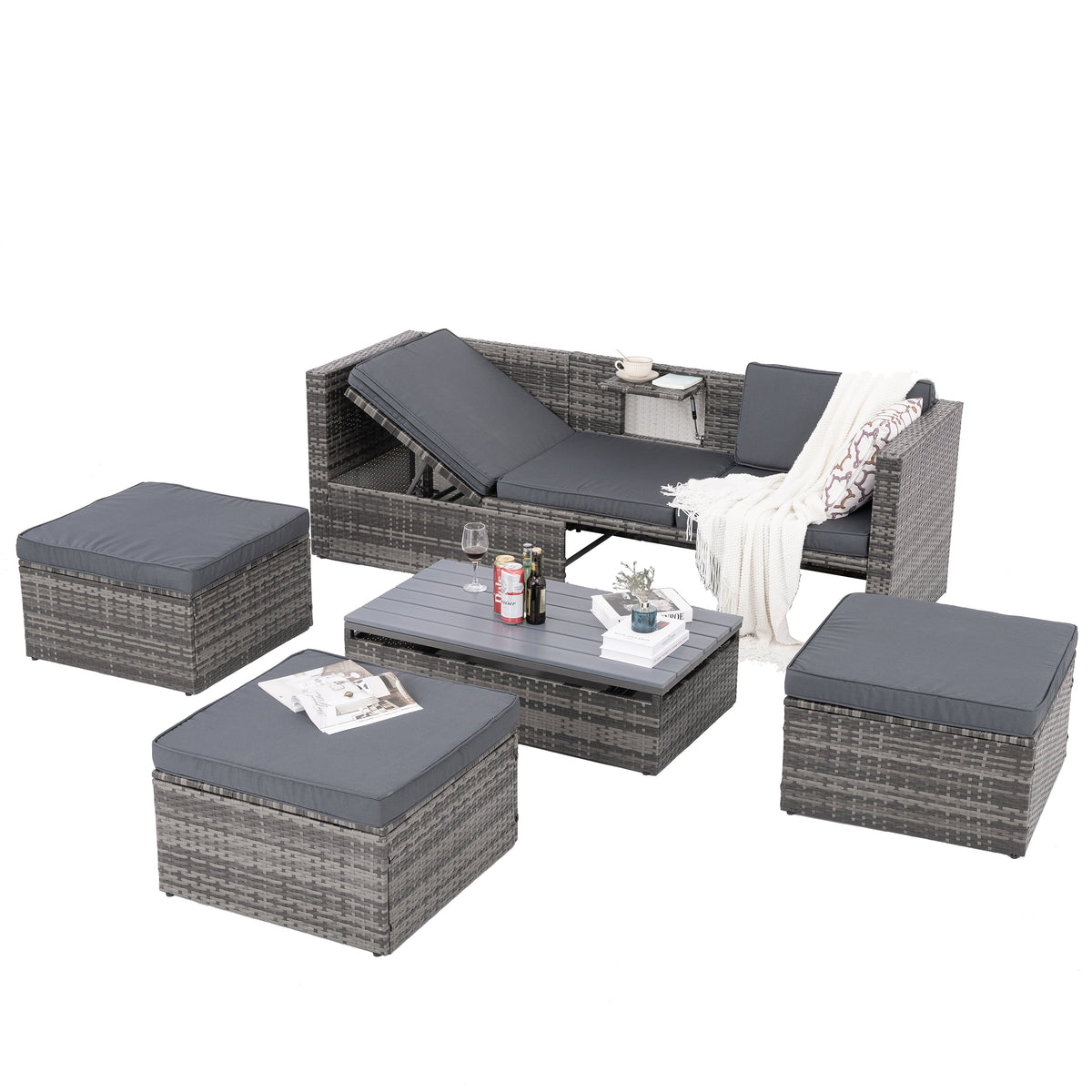 5-Piece Wicker Patio Set with Plywood Coffee Table