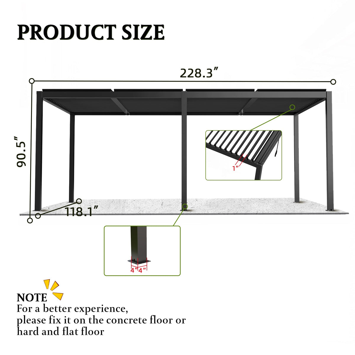 8640E Aluminum-Frame Pergola with Adjustable Steel Louvers, Gray