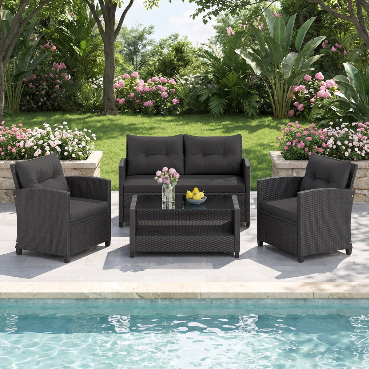 4-Piece Rattan Patio Set with Glass-Top Coffee Table, Gray