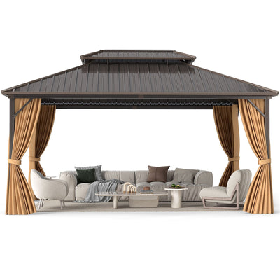 16 x 12 ft Aluminum-Frame Hardtop Gazebo with Curtains & Netting, Coffee