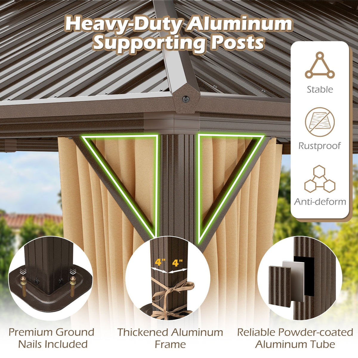 16 x 12 ft Aluminum-Frame Hardtop Gazebo with Curtains & Netting, Coffee