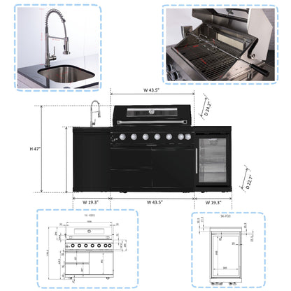6 Burner Outdoor Kitchen Island Grill with Wine Cooler and Rotisserie Kit - Black