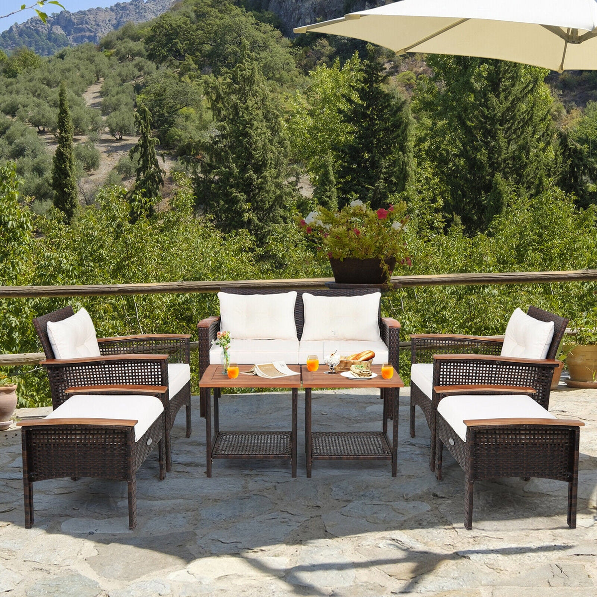 7-Piece Rattan Patio Conversation Set with Cushions