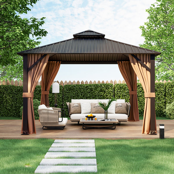 12 x 12 ft Hardtop Gazebo with Curtains and Netting, Coffee