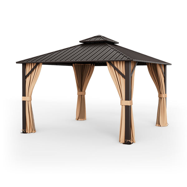 12 x 12 ft Hardtop Gazebo with Curtains and Netting, Coffee