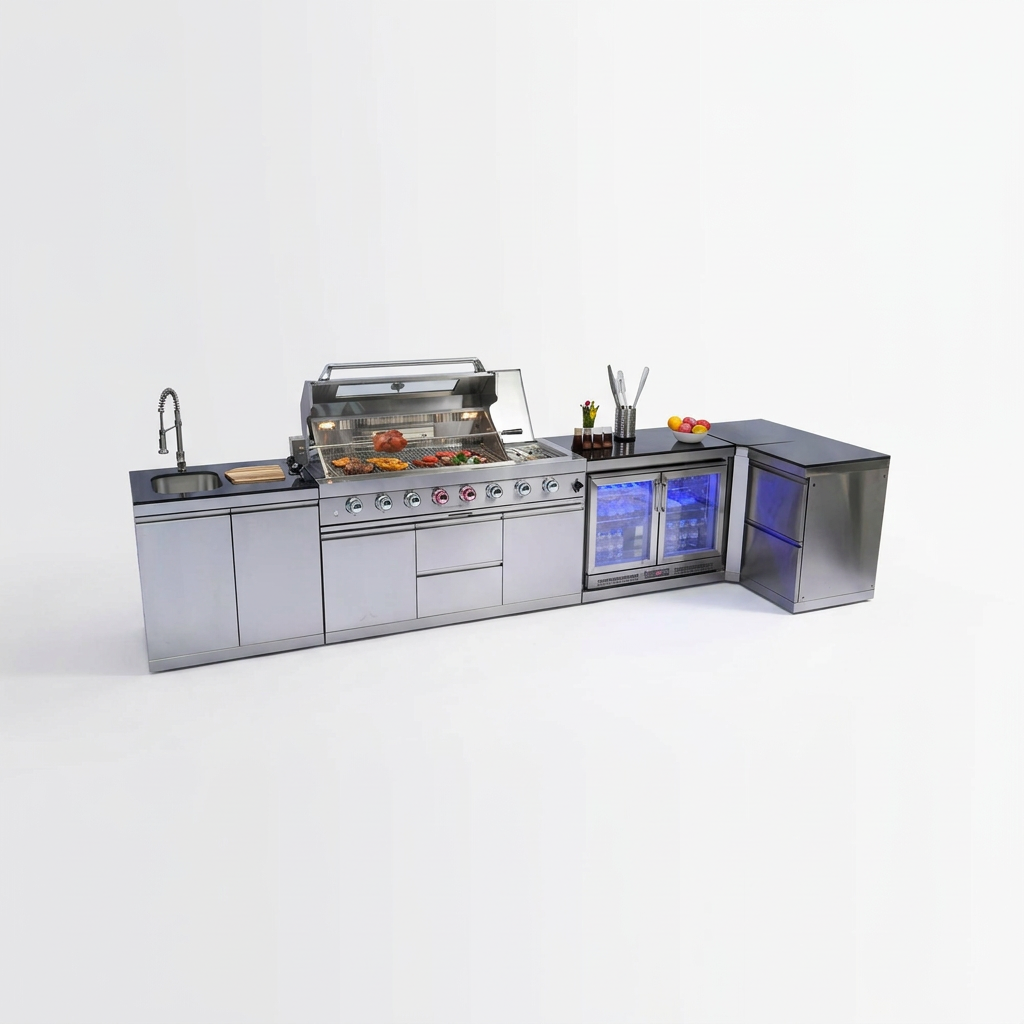 Stainless Steel Outdoor Kitchen Grill with 6 Burners and Wine Cooler - Silver
