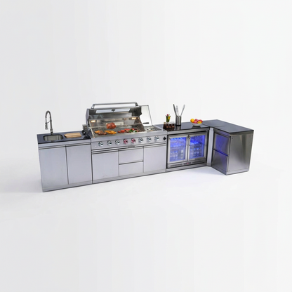 Stainless Steel Outdoor Kitchen Grill with 6 Burners and Wine Cooler - Silver