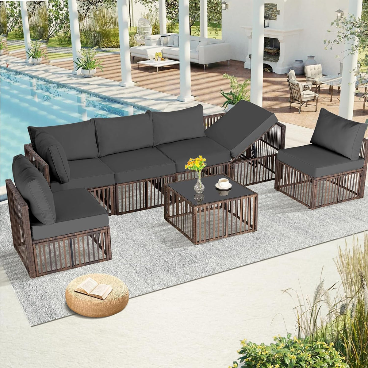 Ainfox 7-Piece Wicker Patio Sectional Set with Cushions