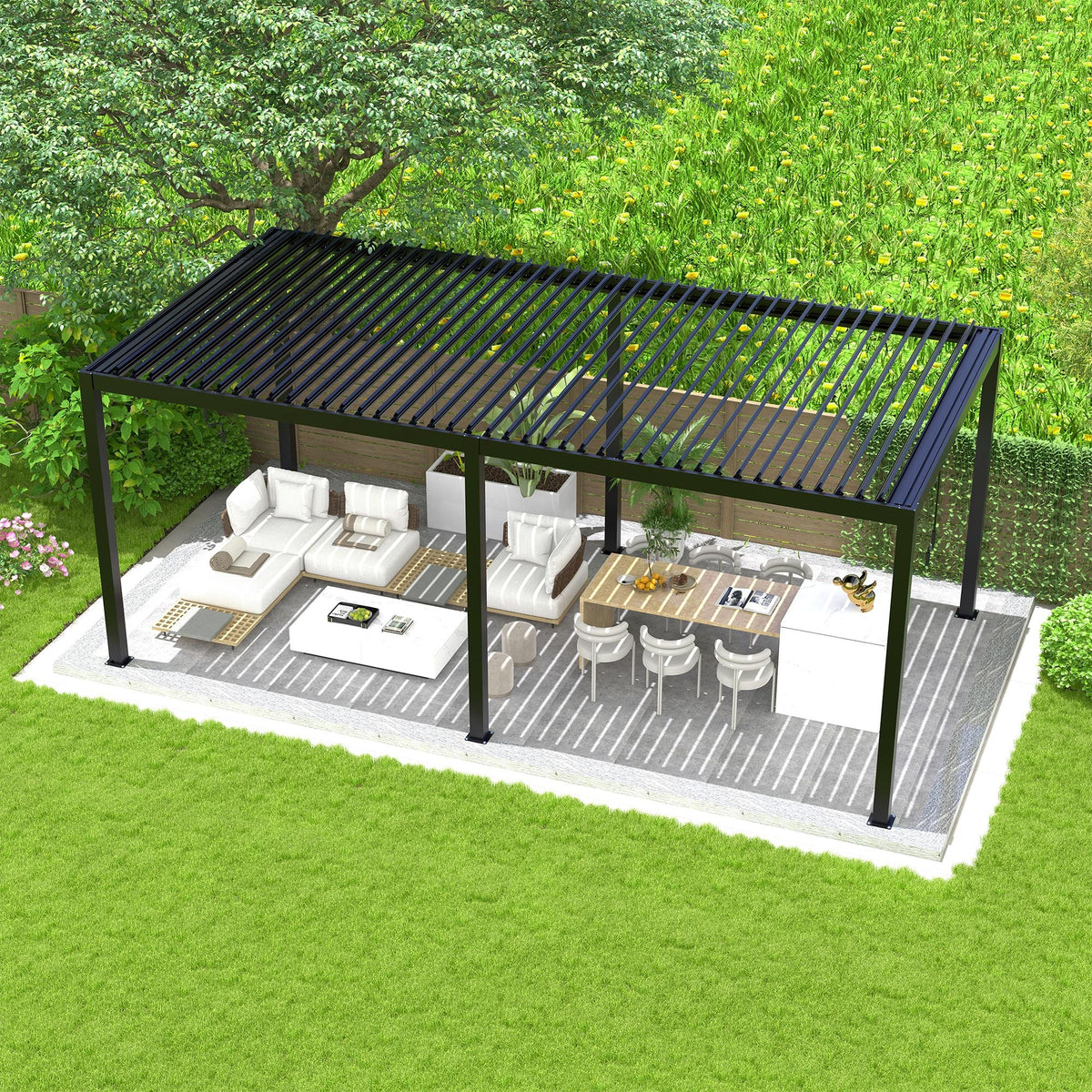 8640E Aluminum-Frame Pergola with Adjustable Steel Louvers, Gray
