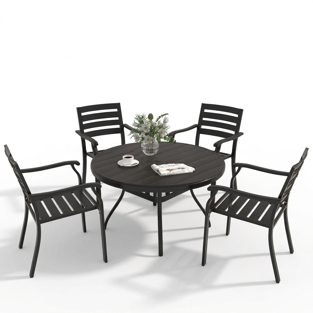 5-Piece Patio Dining Set with Stackable Metal Chairs, Black