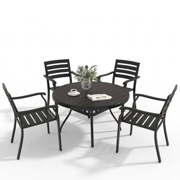 5-Piece Patio Dining Set with Stackable Metal Chairs, Black
