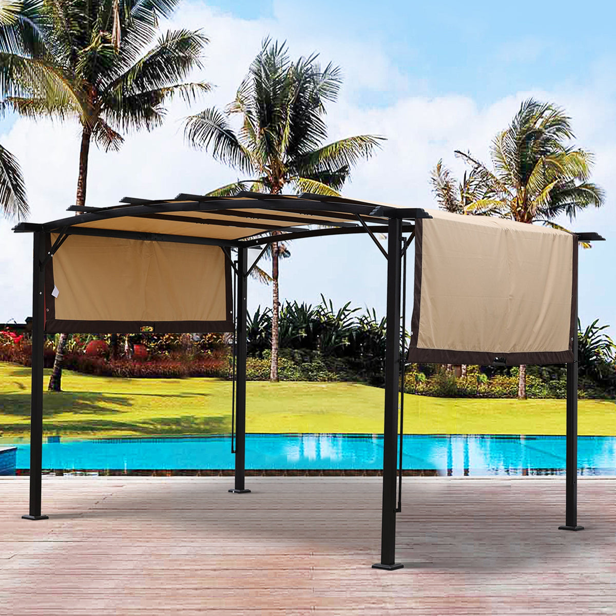 12 x 9 ft Steel Patio Pergola with Retractable Canopy