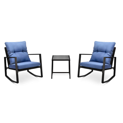 3-Piece Patio Rocker Bistro Set with Blue Cushions