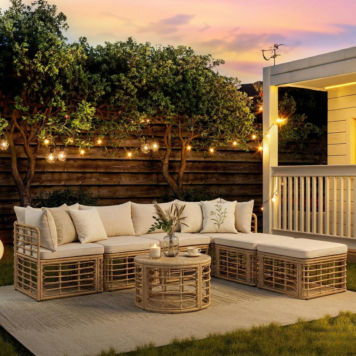 All-Weather Rattan Patio Sectional Set with Cushions and Pillows