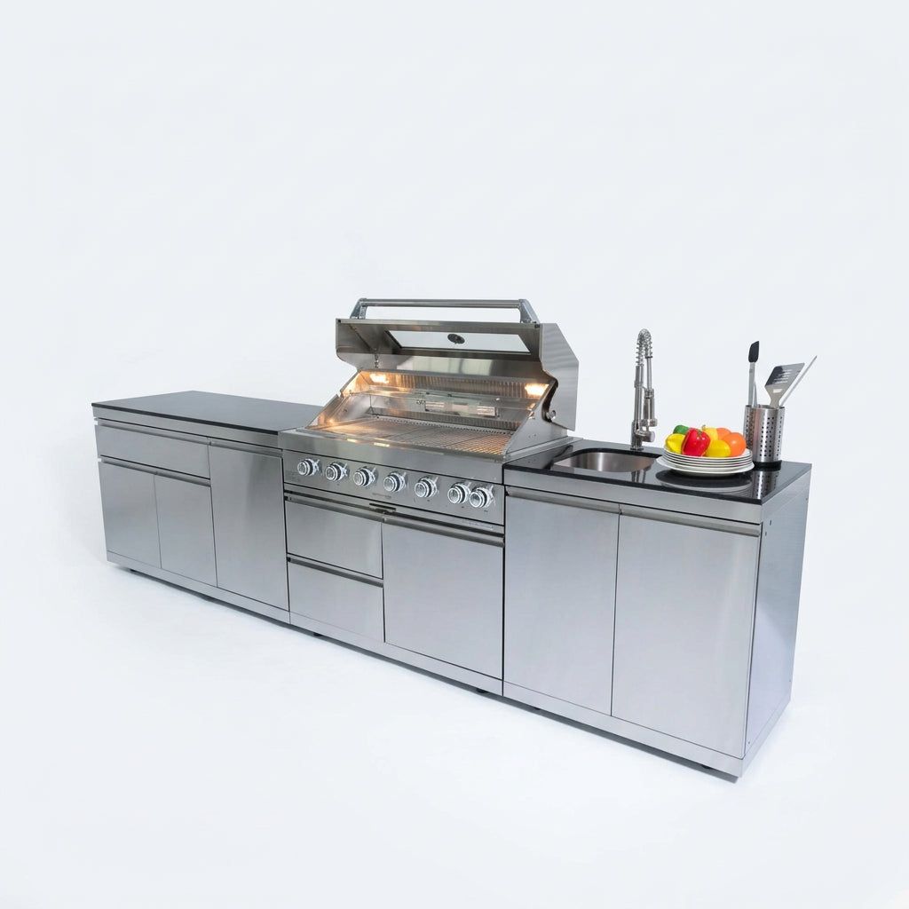 Stainless Steel Outdoor Kitchen Grill with Granite Countertop and Wine Cooler - Silver