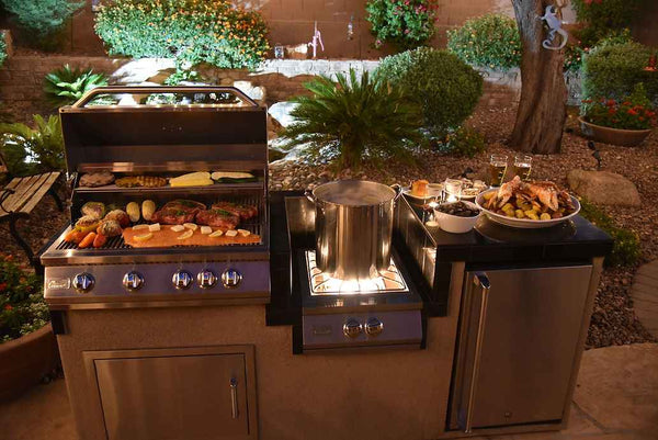 KoKoMo 7 ft 6 in BBQ Island with 4-Burner Grill, Wok Burner & Fridge