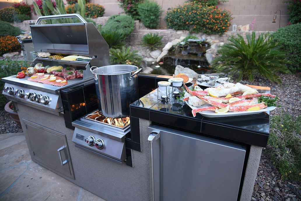 KoKoMo 7 ft 6 in BBQ Island with 4-Burner Grill, Wok Burner & Fridge
