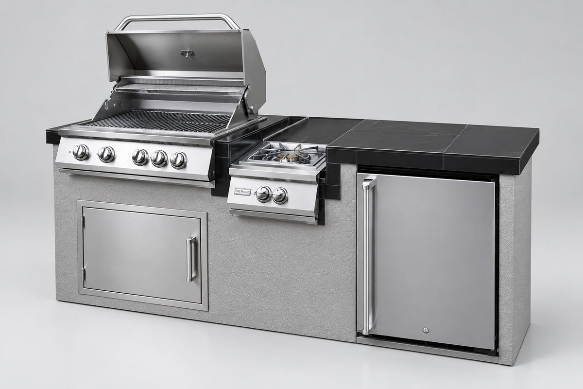 KoKoMo 7 ft 6 in BBQ Island with 4-Burner Grill, Wok Burner & Fridge