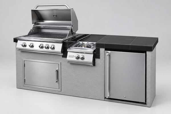 KoKoMo 7 ft 6 in BBQ Island with 4-Burner Grill, Wok Burner & Fridge