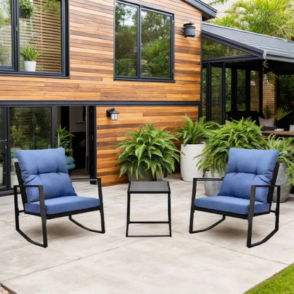 3-Piece Patio Rocker Bistro Set with Blue Cushions