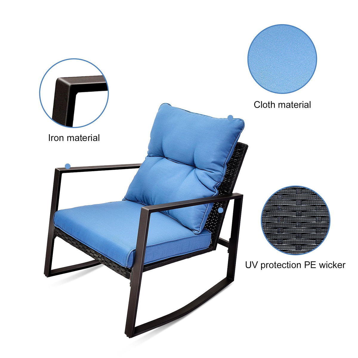 3-Piece Patio Rocker Bistro Set with Blue Cushions