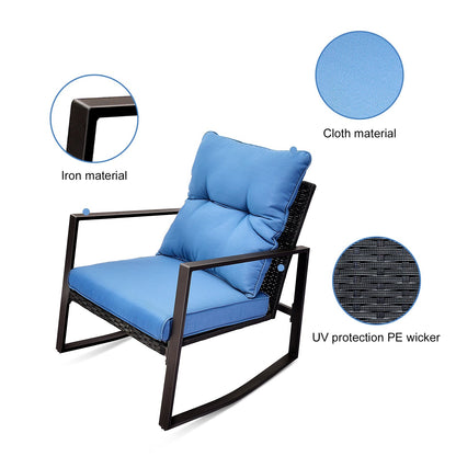 3-Piece Patio Rocker Bistro Set with Blue Cushions