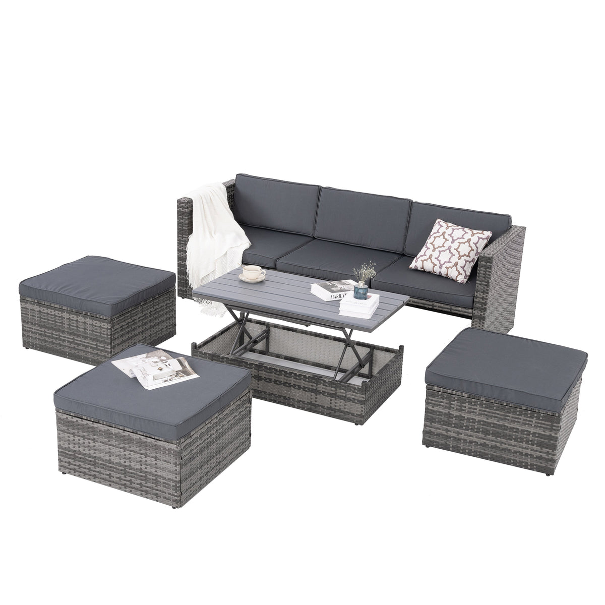 5-Piece Wicker Patio Set with Plywood Coffee Table