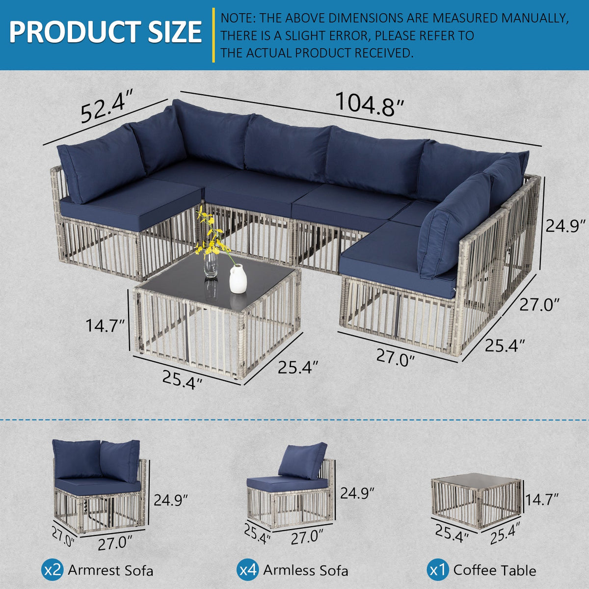 Ainfox 7-Piece Wicker Patio Sectional Set with Cushions