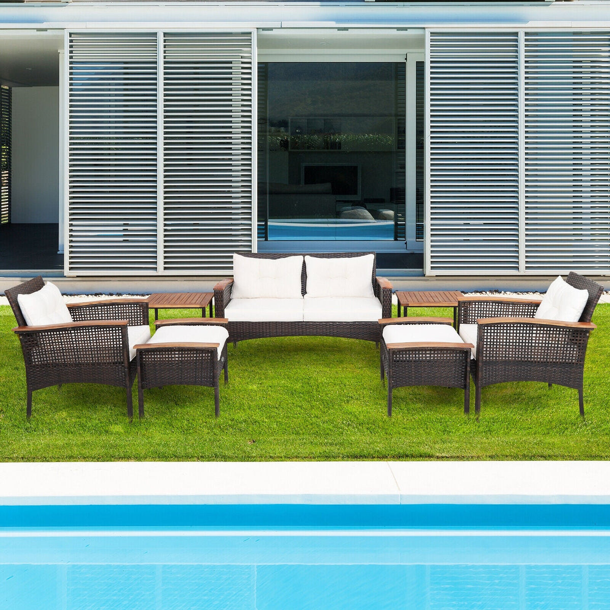 7-Piece Rattan Patio Conversation Set with Cushions