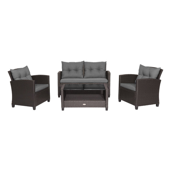 4-Piece Rattan Patio Set with Glass-Top Coffee Table, Gray
