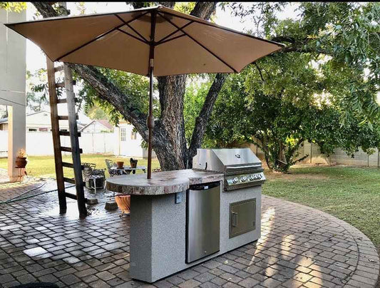 KoKoMo Maui 7 ft 6 in BBQ Island with 33-in Round Bar, LED Lights & Grill