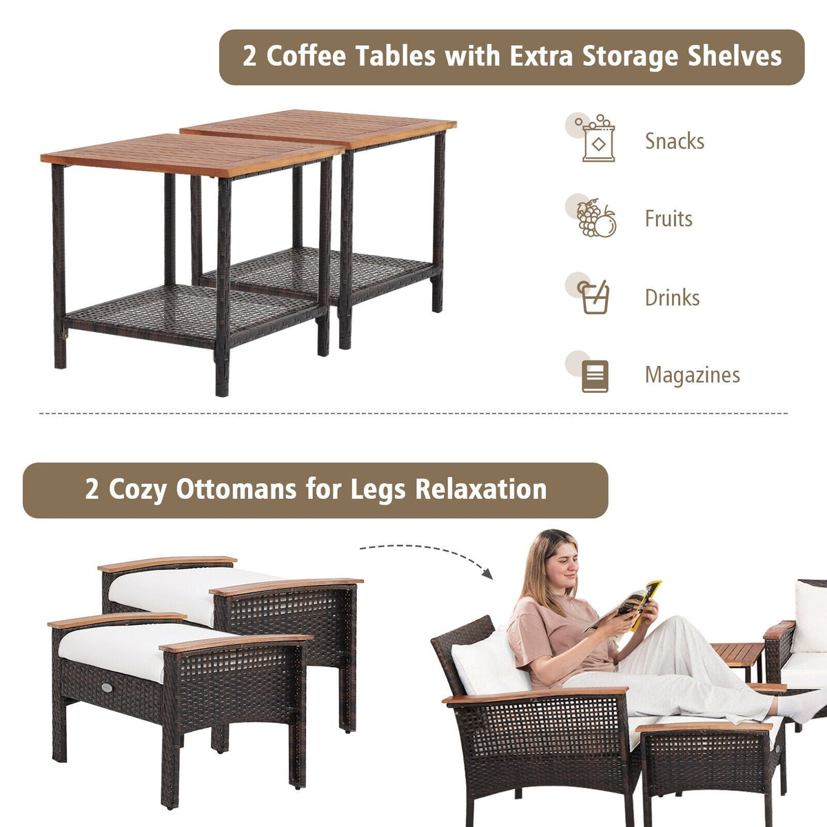 7-Piece Rattan Patio Conversation Set with Cushions