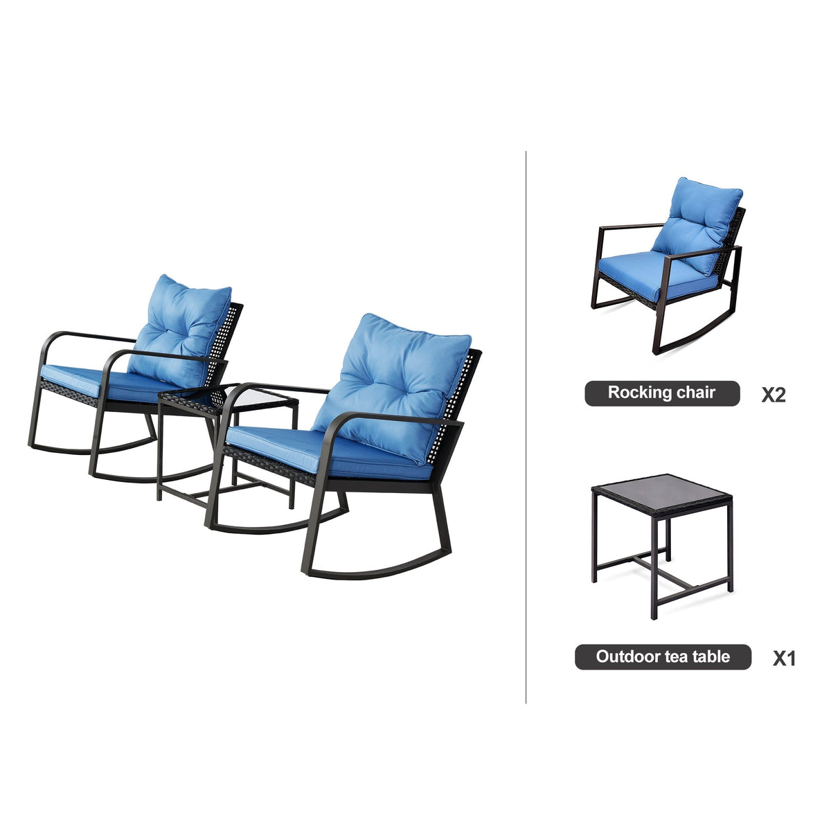 3-Piece Patio Rocker Bistro Set with Blue Cushions