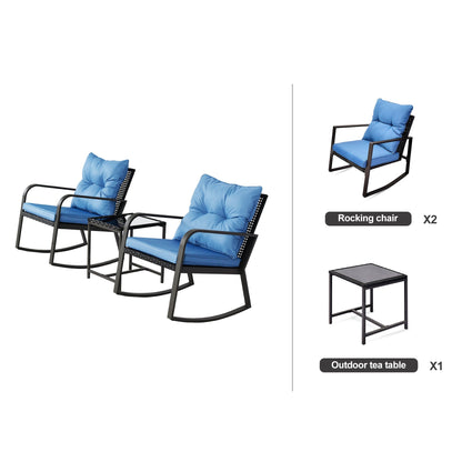 3-Piece Patio Rocker Bistro Set with Blue Cushions