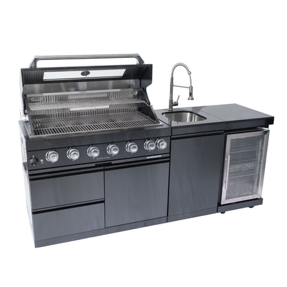 6 Burner Outdoor Kitchen Island Grill with Wine Cooler and Rotisserie Kit - Black