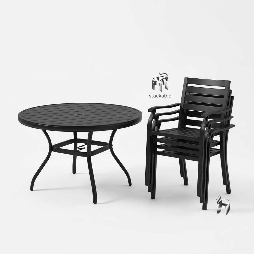 5-Piece Patio Dining Set with Stackable Metal Chairs, Black