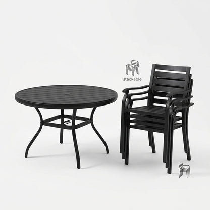 5-Piece Patio Dining Set with Stackable Metal Chairs, Black