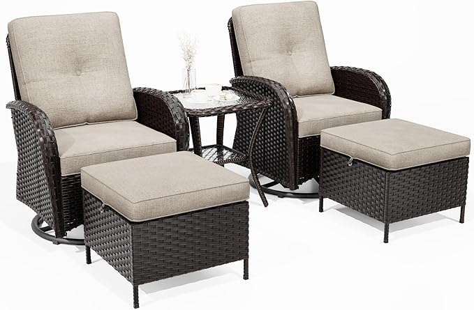 5-pc Wicker Patio Set with Swivel Chairs and Ottomans