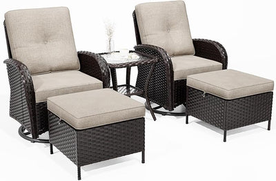 5-pc Wicker Patio Set with Swivel Chairs and Ottomans
