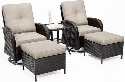 5-pc Wicker Patio Set with Swivel Chairs and Ottomans