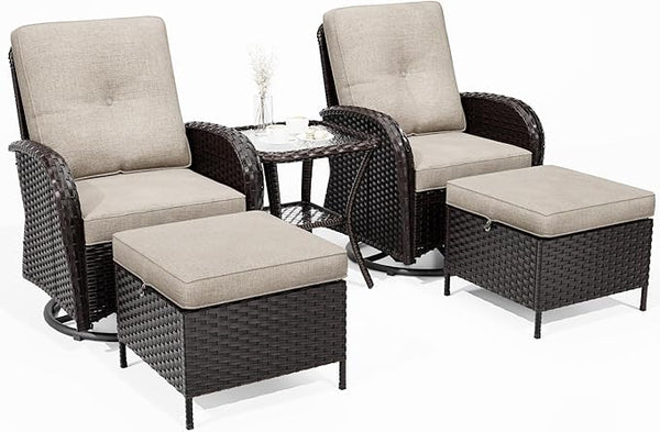 5-pc Wicker Patio Set with Swivel Chairs and Ottomans