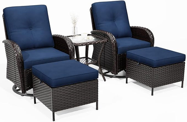 5-pc Wicker Patio Set with Swivel Chairs and Ottomans, Brown/Blue