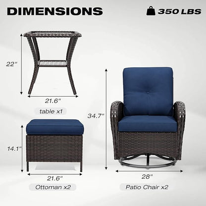 5-pc Wicker Patio Set with Swivel Chairs and Ottomans, Brown/Blue