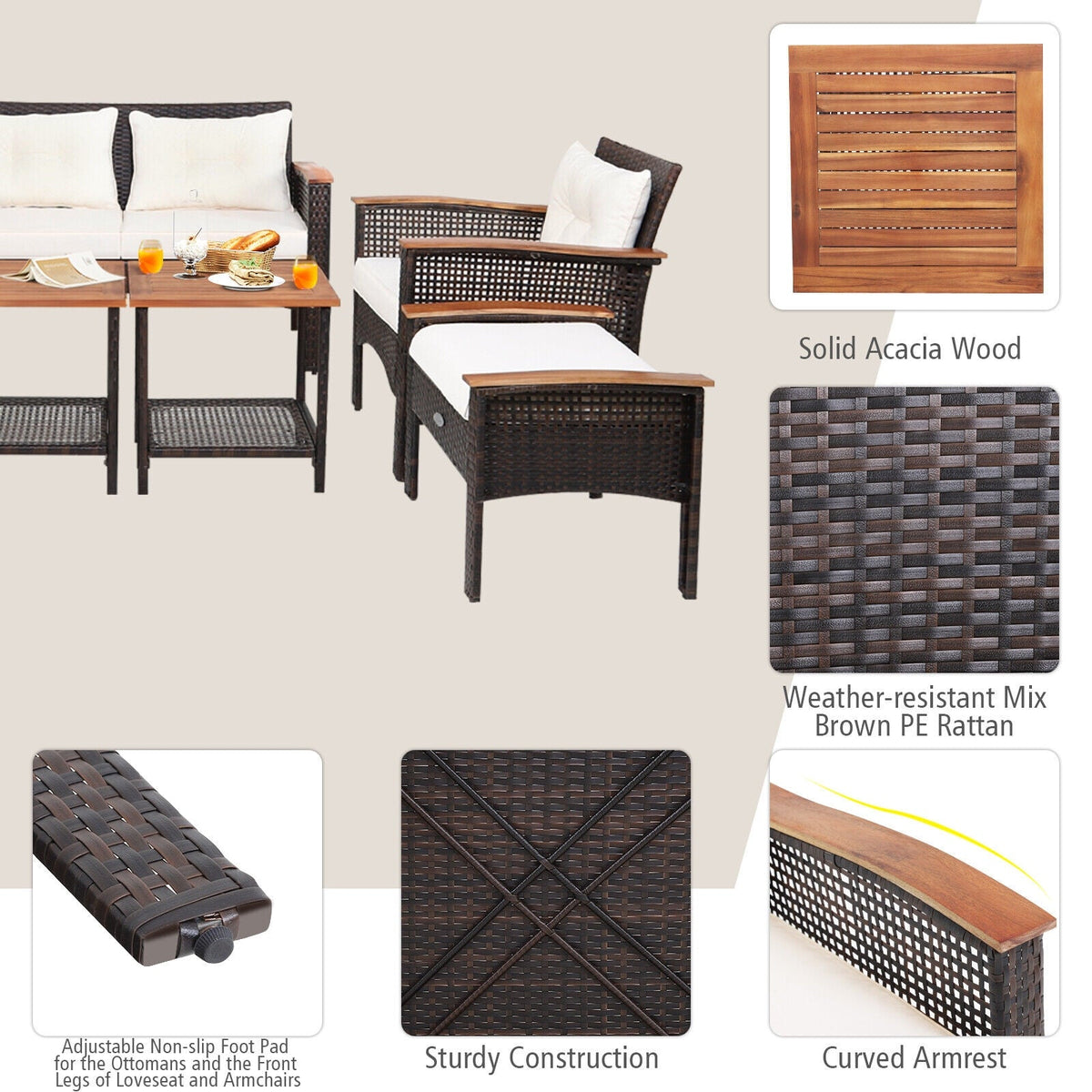 7-Piece Rattan Patio Conversation Set with Cushions