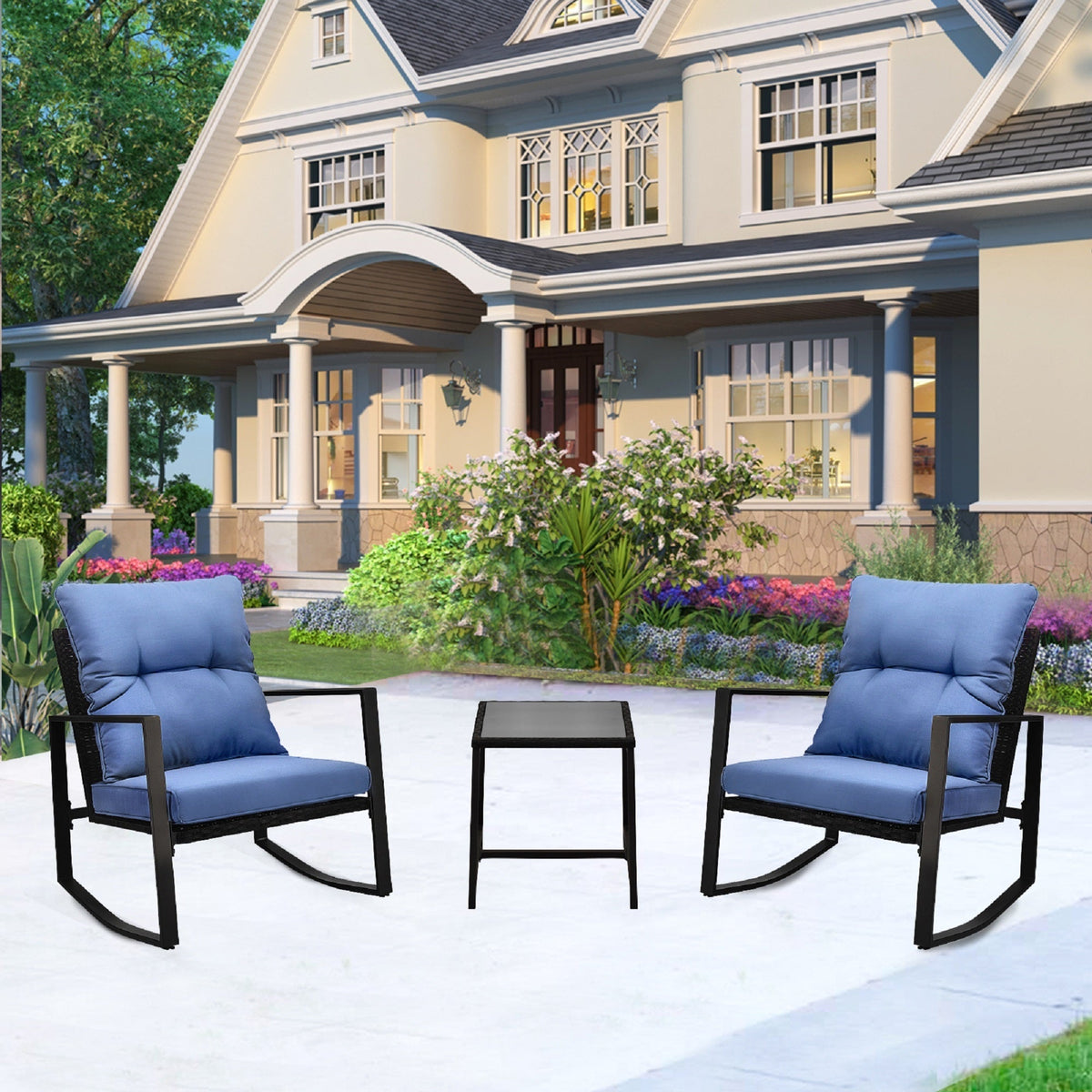 3-Piece Patio Rocker Bistro Set with Blue Cushions