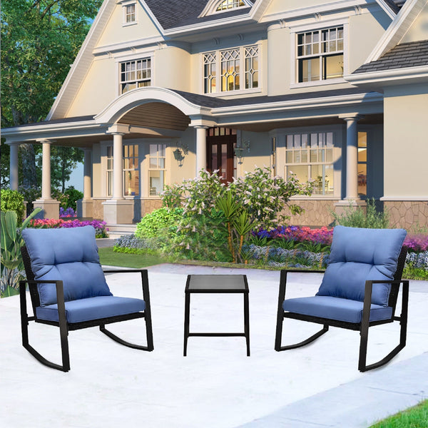 3-Piece Patio Rocker Bistro Set with Blue Cushions