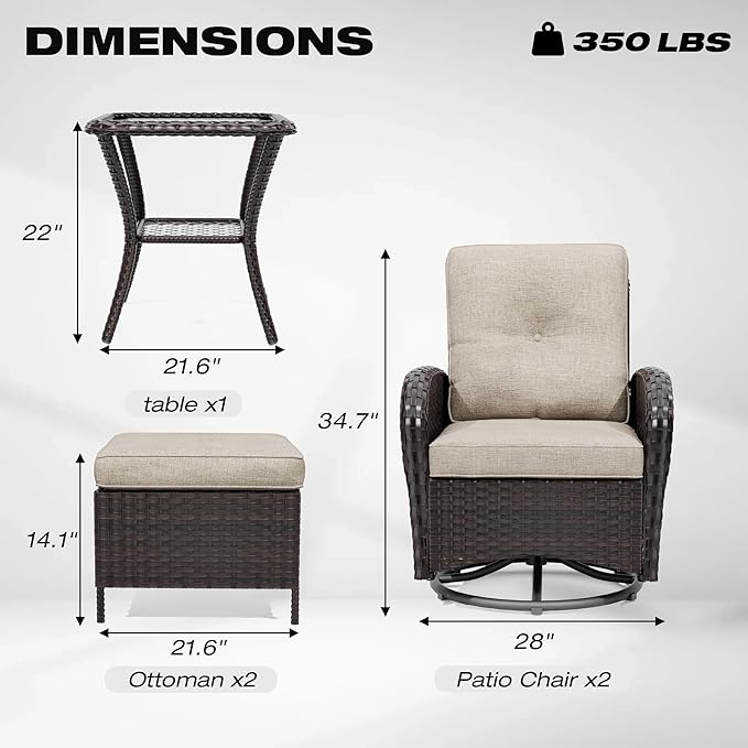 5-pc Wicker Patio Set with Swivel Chairs and Ottomans