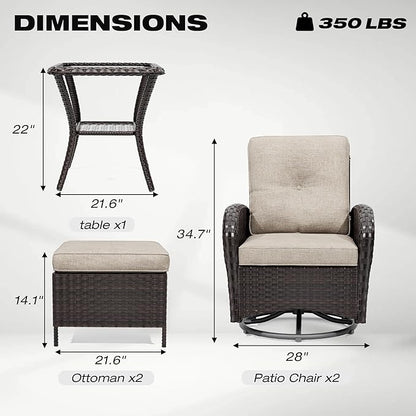 5-pc Wicker Patio Set with Swivel Chairs and Ottomans