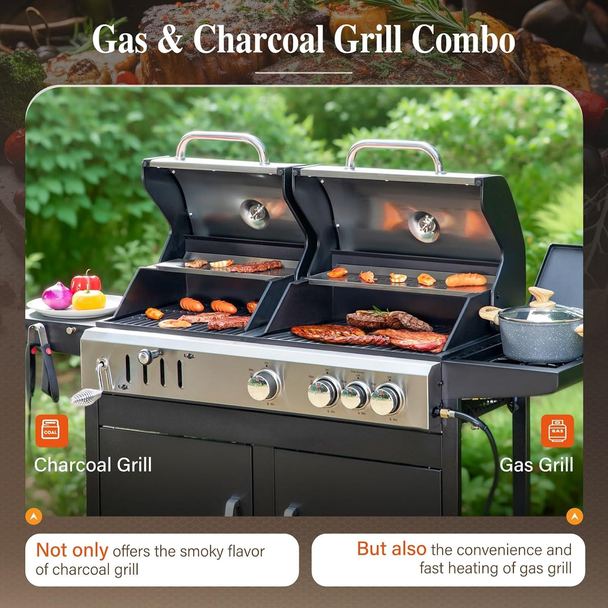 Charcoal & Propane Combo Grill with Side Burner, 690 sq. in.
